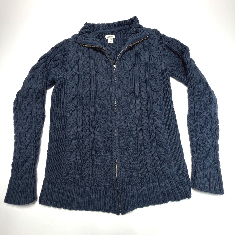 L.L.Bean Cotton Cable Knit Full Zip Cardigan Sweater Womens M Petite Navy S16567